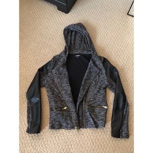 Gray moto jacket with hood and faux leather